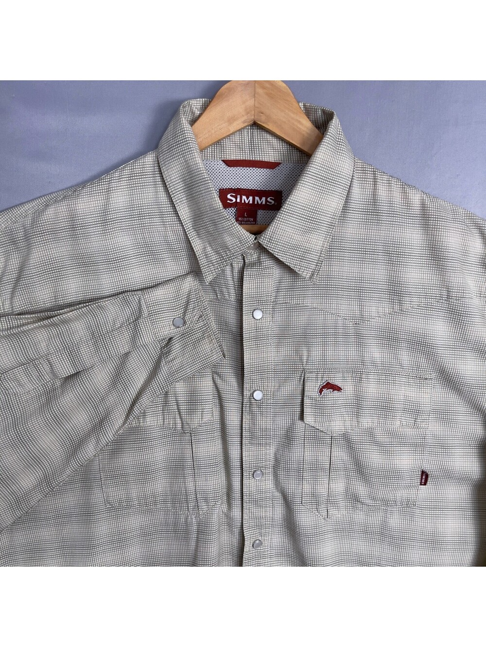 Simms Cor3 Shirt Mens Medium Beige Plaid Long Sleeve Snap Button Fishing Outdoor